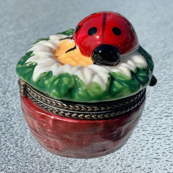 Porcelain Ladybug Floral Colorful Hinged-Lid Trinket Box - Picture 2 of 7
